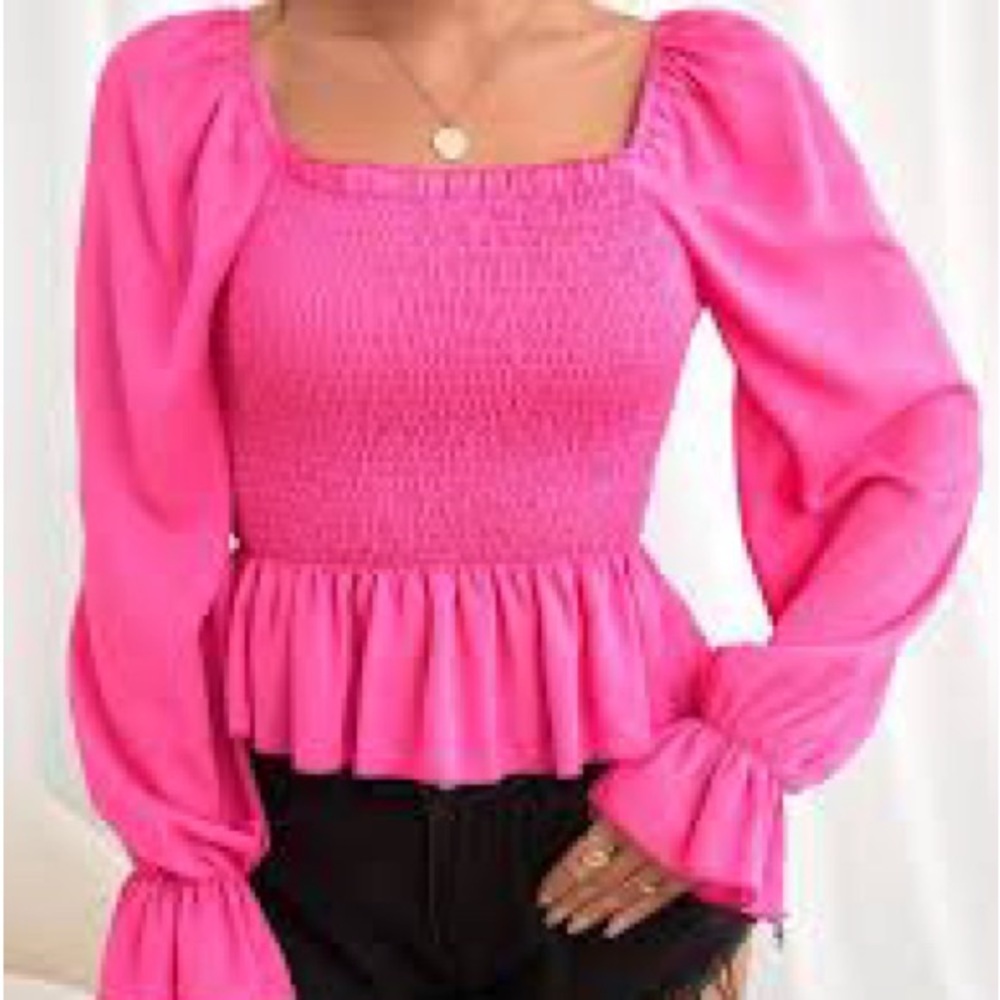 Pink Ruffled Puff Sleeve Smocked Top
